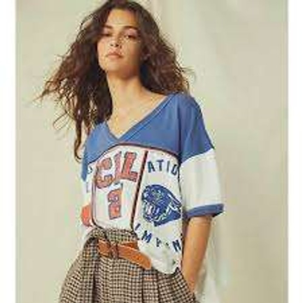 We The Free Free People Sporty Splice Texas CAL 25 Graphic Tee Blue White XS